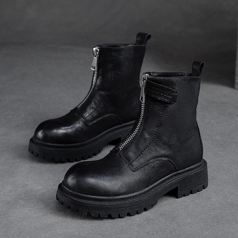 Women Retro Casual Font Zipper Leather Boots-RAIIFY