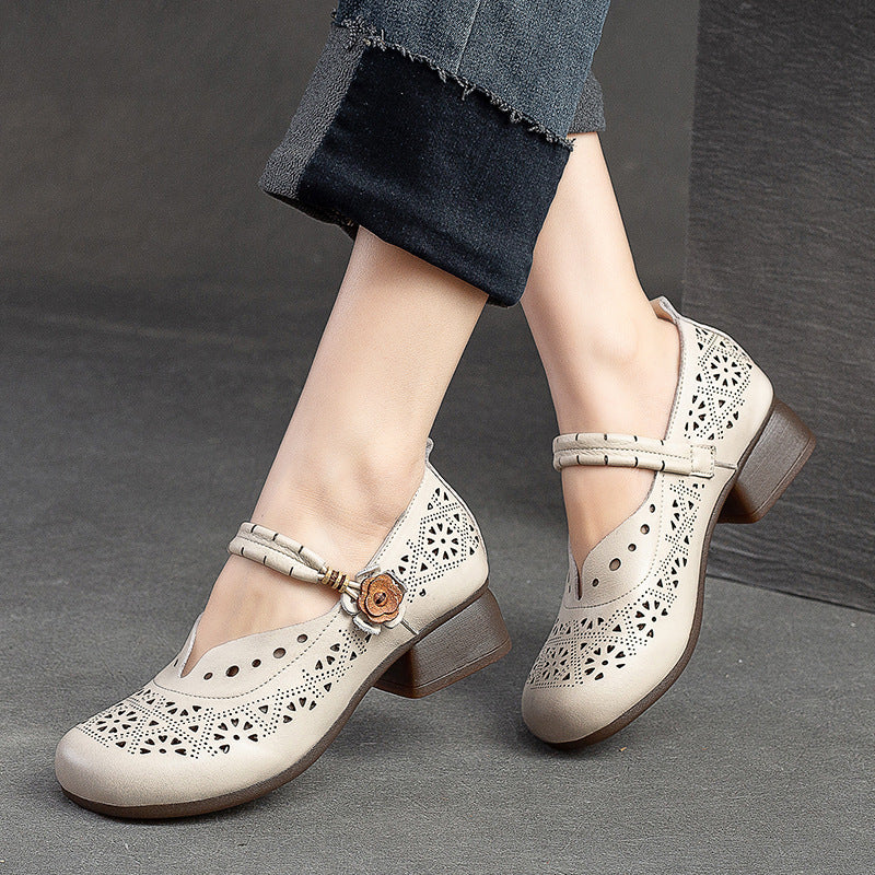 Women Summer Retro Leather Chunky Low Heel Pumps-RAIIFY