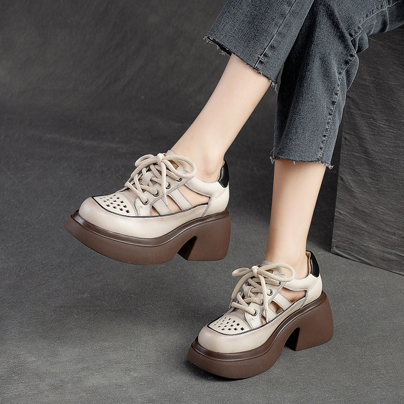 Women Summer Hollow Leather Chunky Heel Sandals-RAIIFY