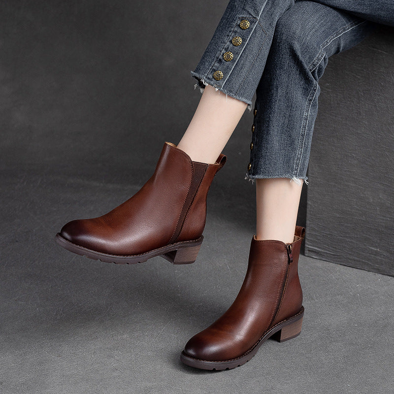 Women Minimalist Leather Casual Chunky Heel Boots-RAIIFY