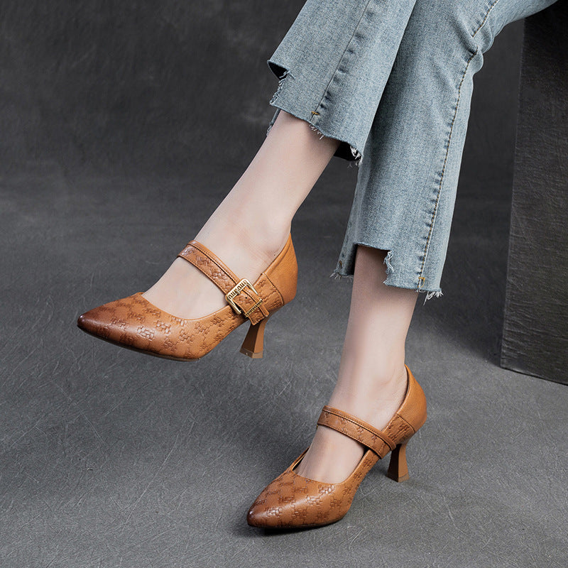 Women Leather Pointed Toe High Heel Pumps Dress Shoes-RAIIFY
