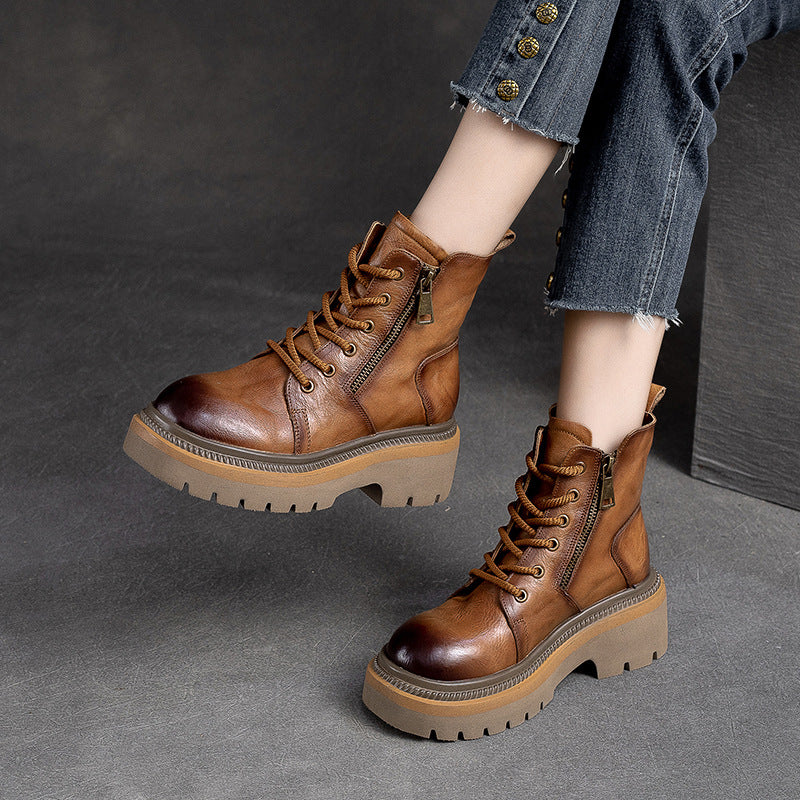 Women Retro Patchwork Leather Platform Boots-RAIIFY