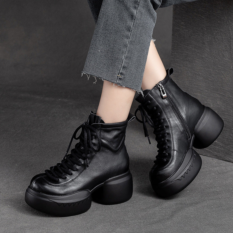 Women Retro Leather Casual Chunky Heel Boots-RAIIFY