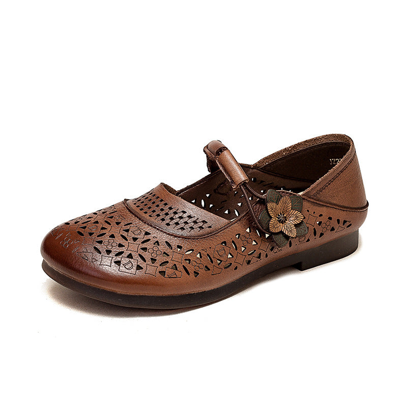 Women Summer Hollow Soft Leather Flats-RAIIFY