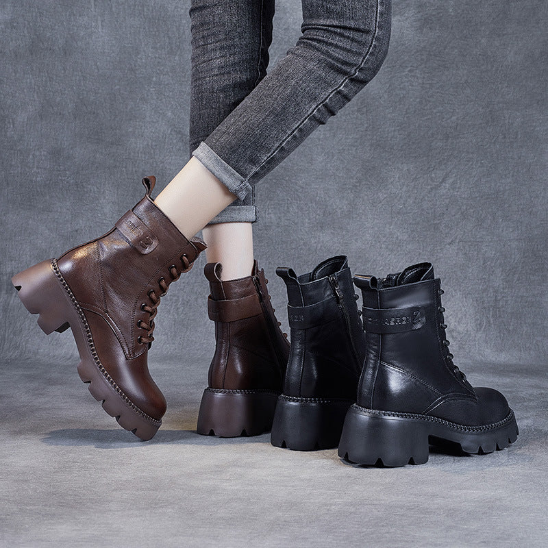 Women Minimalist Retro Leather Platform Boots-RAIIFY