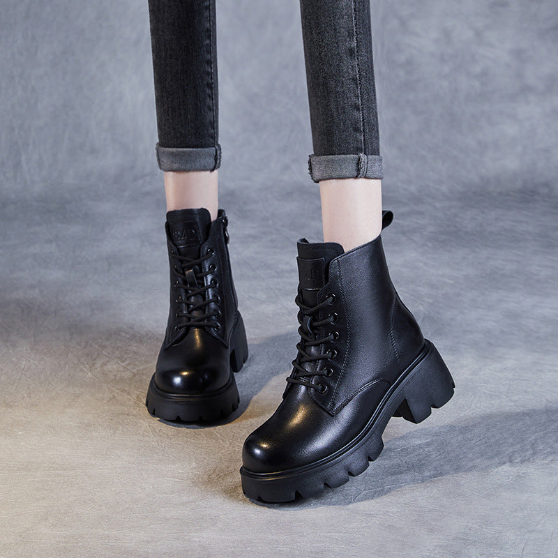 Women Minimalist Leather Furred Chunky Platform Boots-RAIIFY