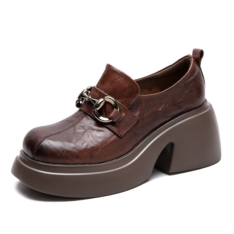 Women Retro Pleated Leather Chunky Heel Loafers-RAIIFY