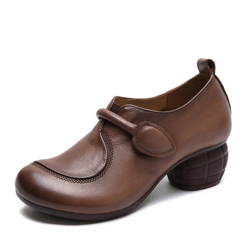 Women Retro Leather Minimliast Chunky Heel Pumps-RAIIFY