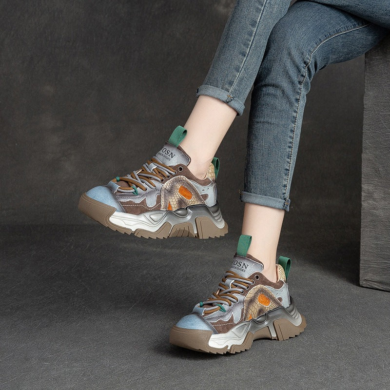 Women Patchwork Leather Retro Platform Dad Sneakers-RAIIFY
