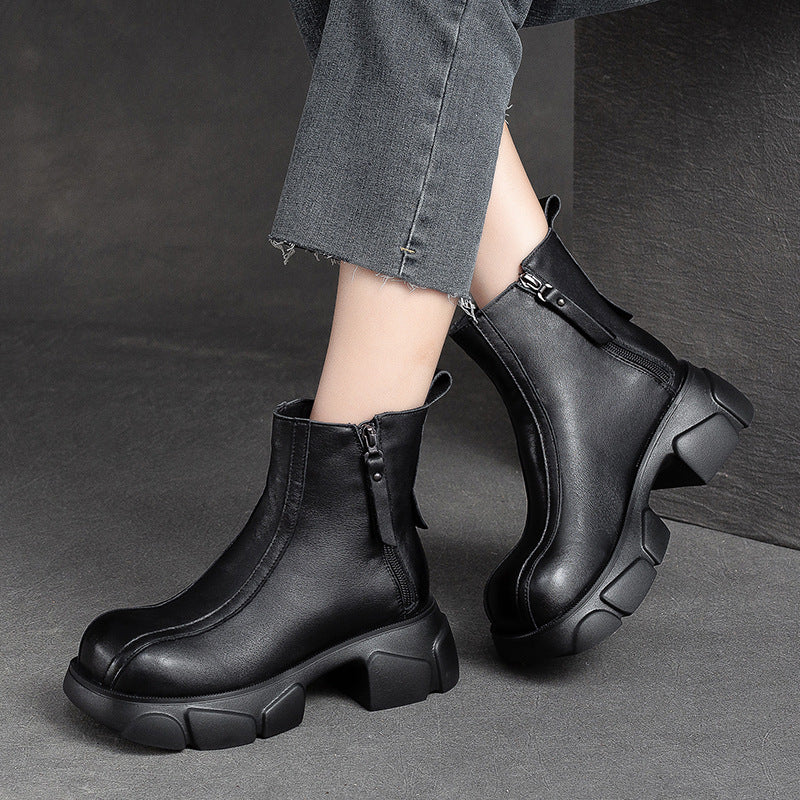 Women Retro Minimalist Casual Leather Chunky Heel Boots-RAIIFY