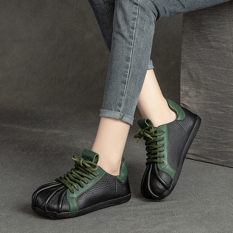 Women Retro Patchwork Leather Flat Casual Shoes-RAIIFY