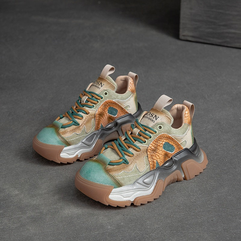 Women Patchwork Leather Retro Platform Dad Sneakers-RAIIFY