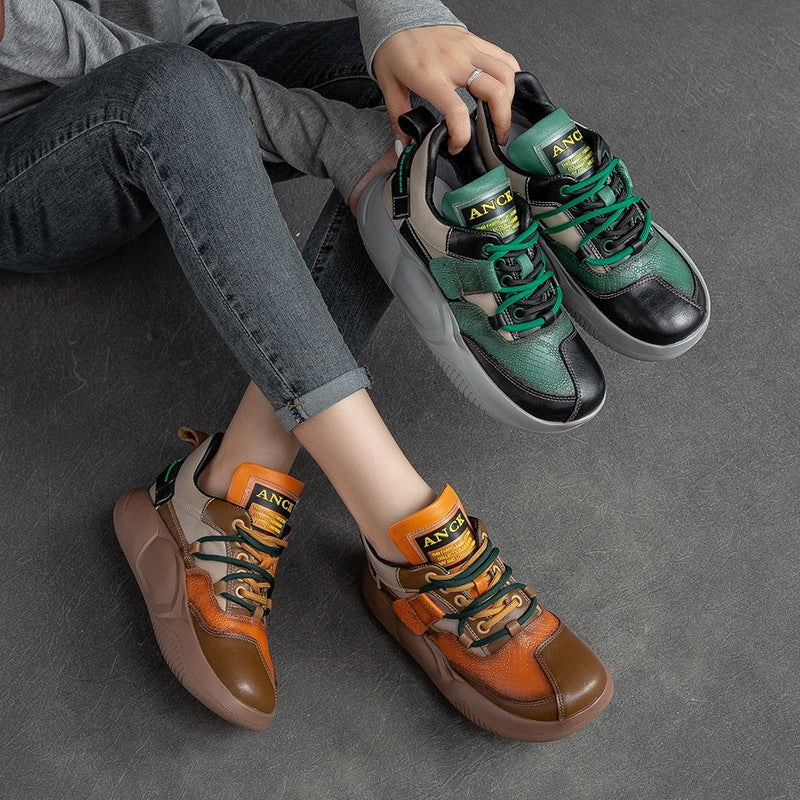 Women Casual Retro Patchwork Leather Sneakers-RAIIFY