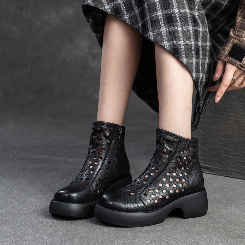 Women Minimalist Hollow Leather Chunky Platform Boots-RAIIFY
