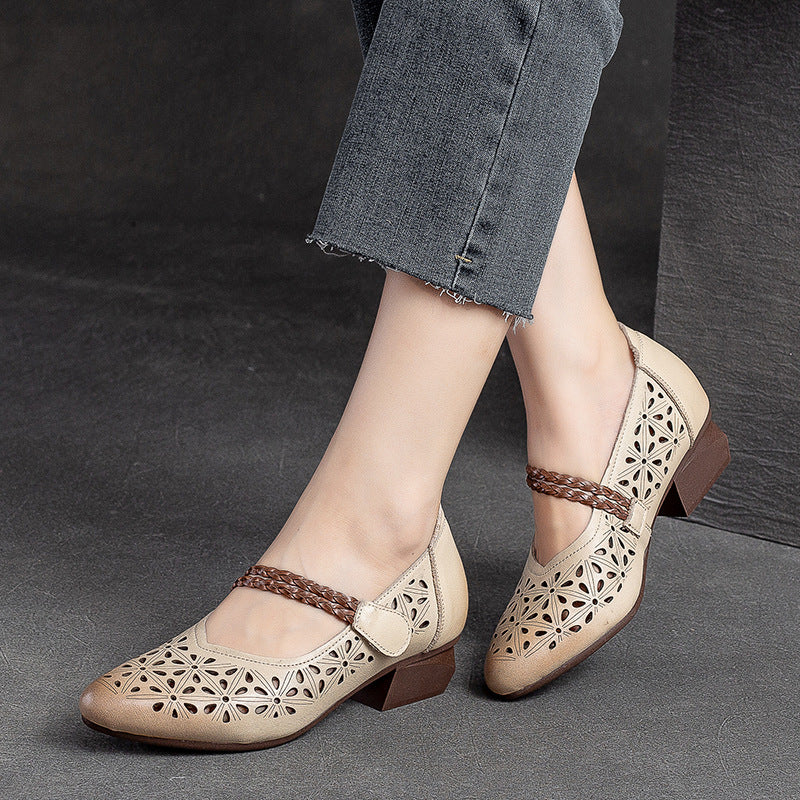 Women Summer Hollow Leather Retro Chunky Pumps-RAIIFY