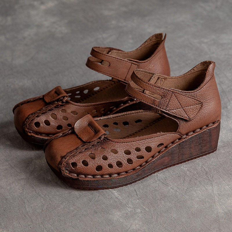 Women Summer Hollow Leather Wedge Casual Sandals-RAIIFY