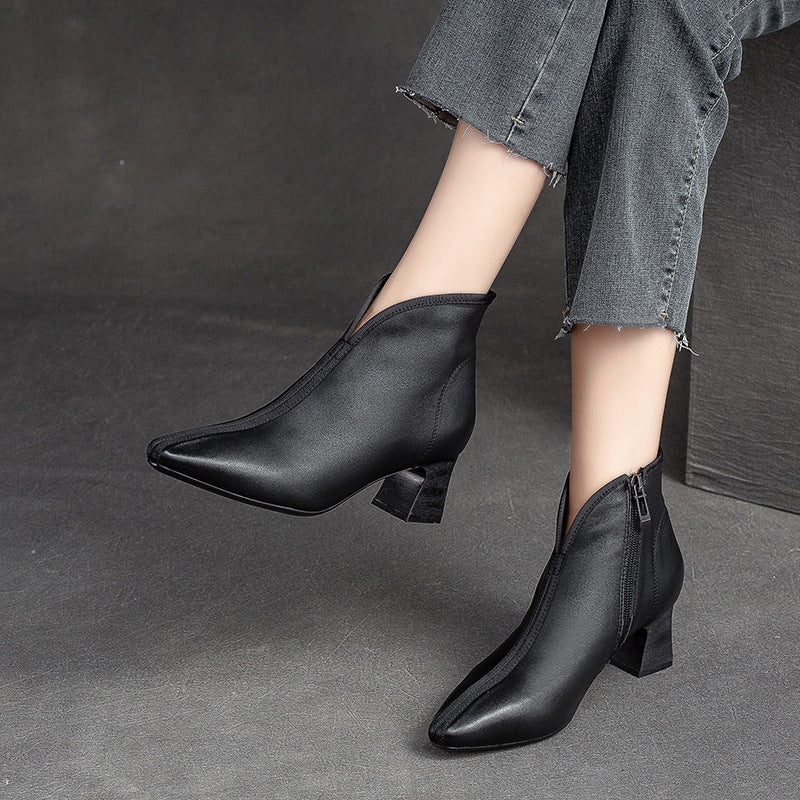Women Retro Minimalist Leather Chunky Heel Boots-RAIIFY