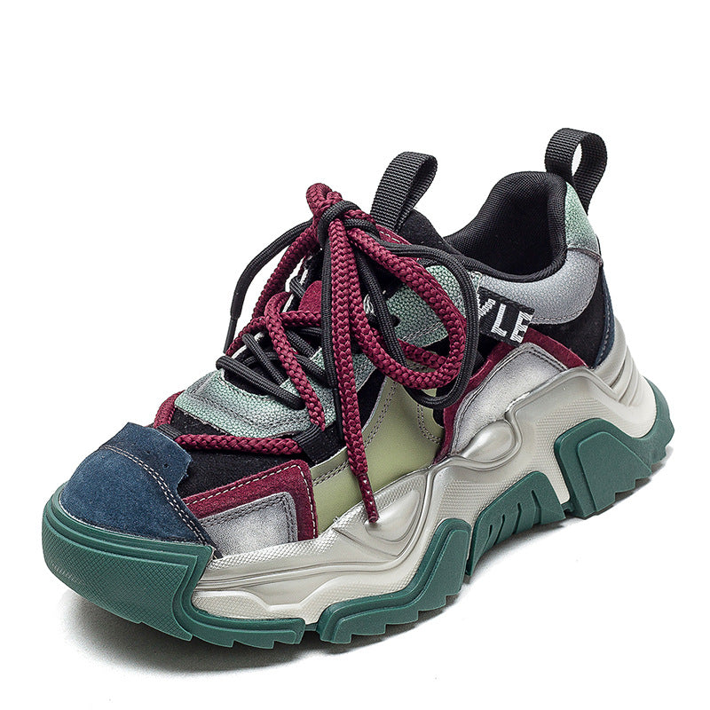 Women Retro Patchwork Leather Platform Dad Sneakers-RAIIFY