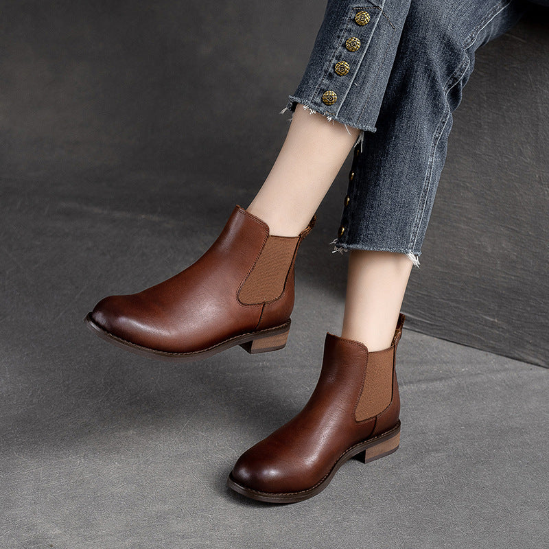 Women Retro Minimalist Leather Flat Ankle Boots-RAIIFY
