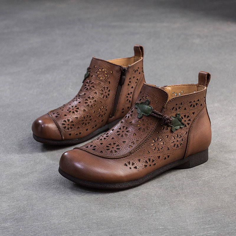 Women Retro Minimalist Hollow Leather Flat Ankle Boots-RAIIFY