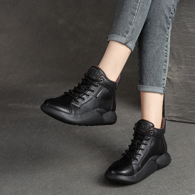 Women Lace-Up Casual Fashion Leather Flat Ankle Boots-RAIIFY