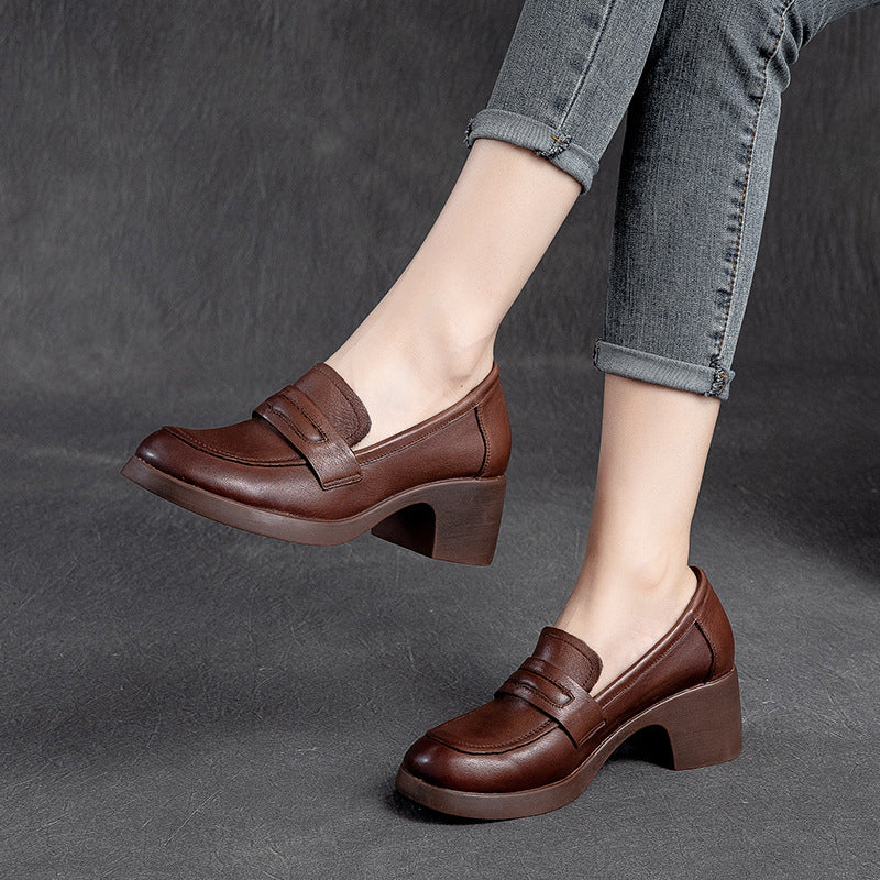 Women Retro Handcraft Soft Leather Chunky Heel Loafers-RAIIFY
