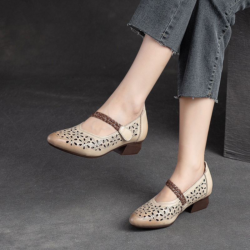 Women Summer Hollow Leather Retro Chunky Pumps-RAIIFY