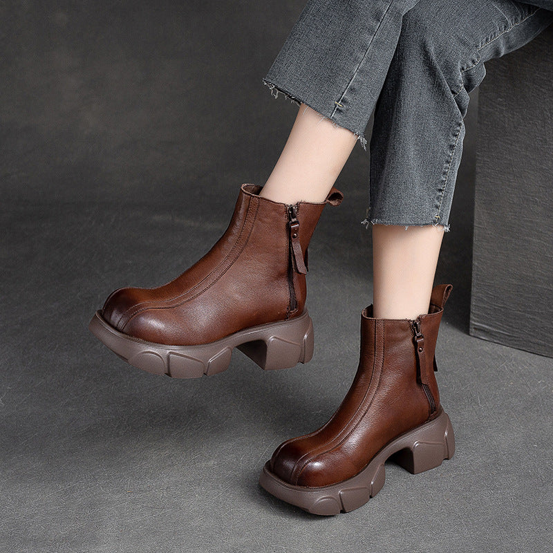 Women Retro Minimalist Casual Leather Chunky Heel Boots-RAIIFY
