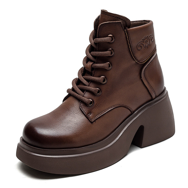 Women Retro Casual Leather Chunky Heel Boots-RAIIFY