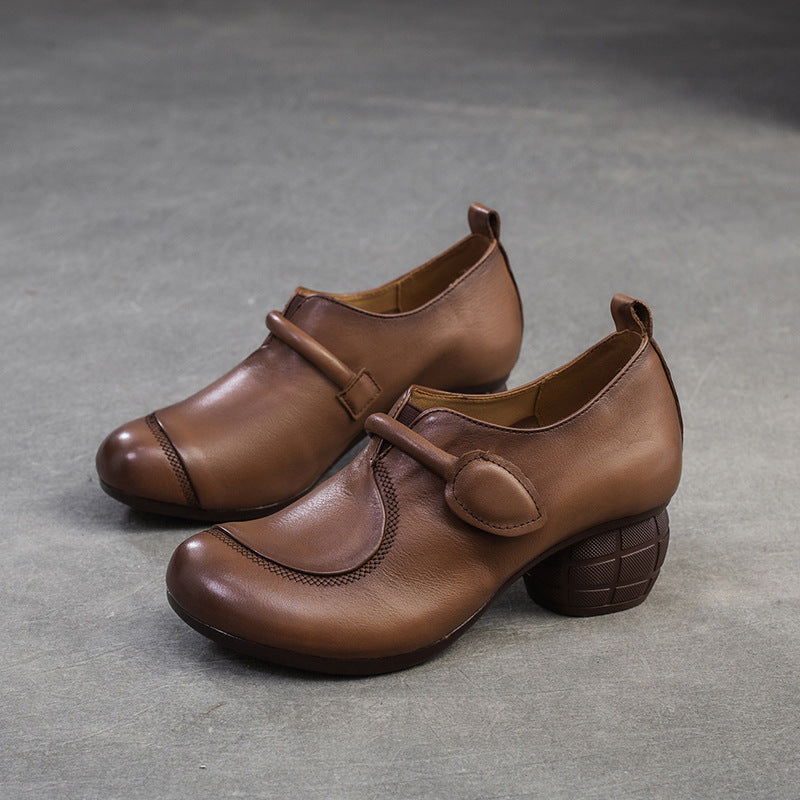 Women Retro Leather Minimliast Chunky Heel Pumps-RAIIFY