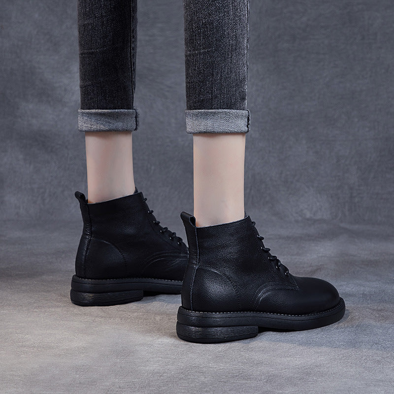 Women Solid Casual Leather Flat Boots-RAIIFY