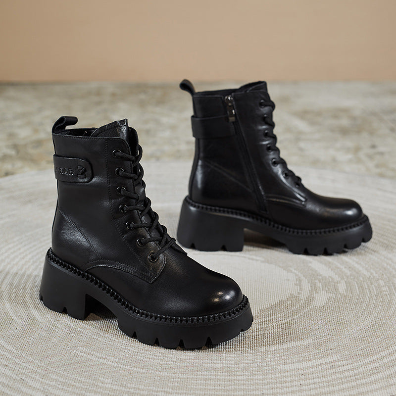 Women Retro Soft Leather Chunky Heel Boots-RAIIFY