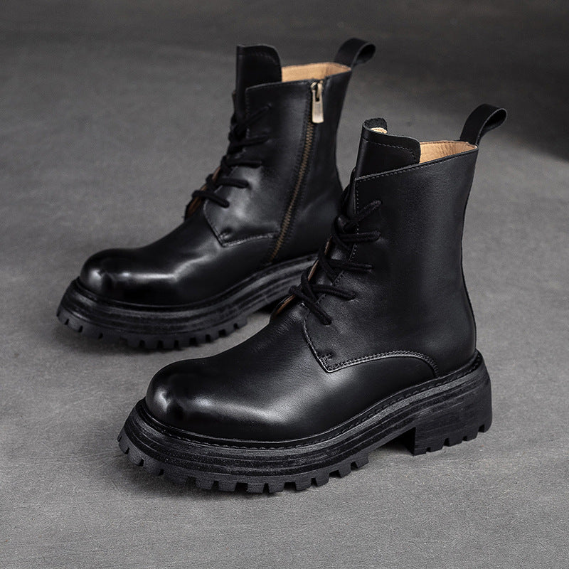 Women Classic Cowhide Patchwork Leather Combat Boots-RAIIFY