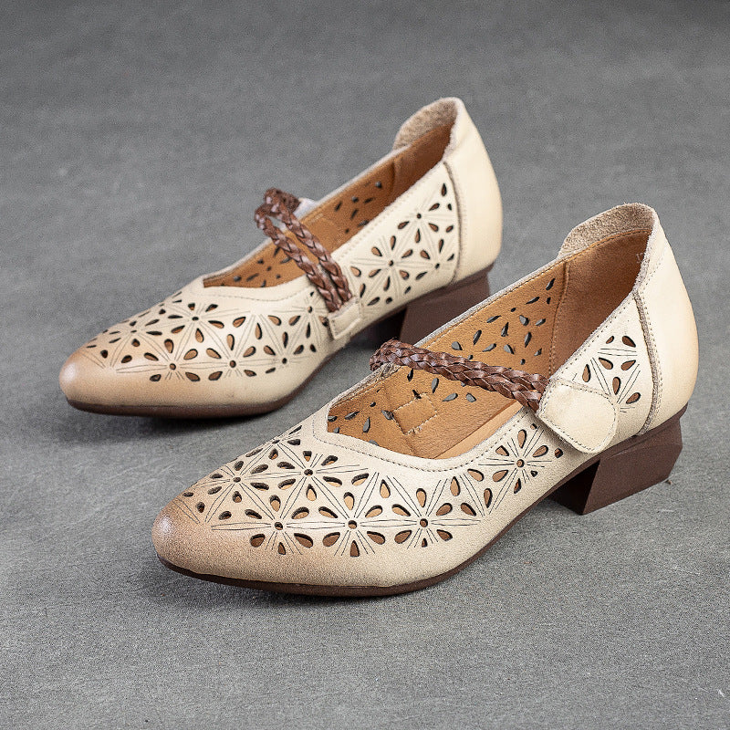 Women Summer Hollow Leather Retro Chunky Pumps-RAIIFY