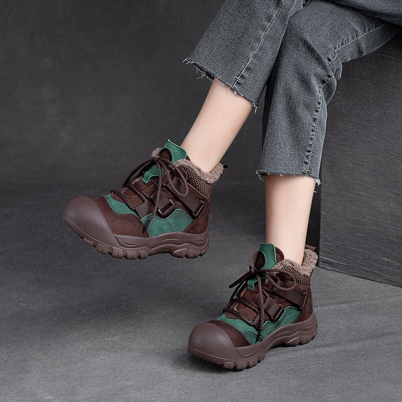 Women Retro Patchwork Leather Winter Furred Ankle Boots-RAIIFY