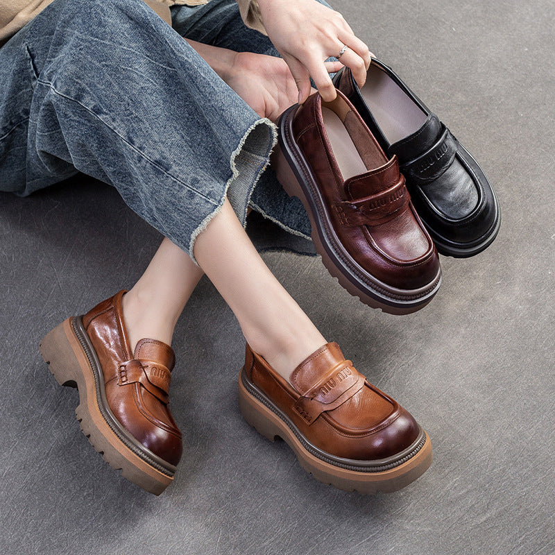 Women Retro Leather Thick Soled Casual Loafers-RAIIFY