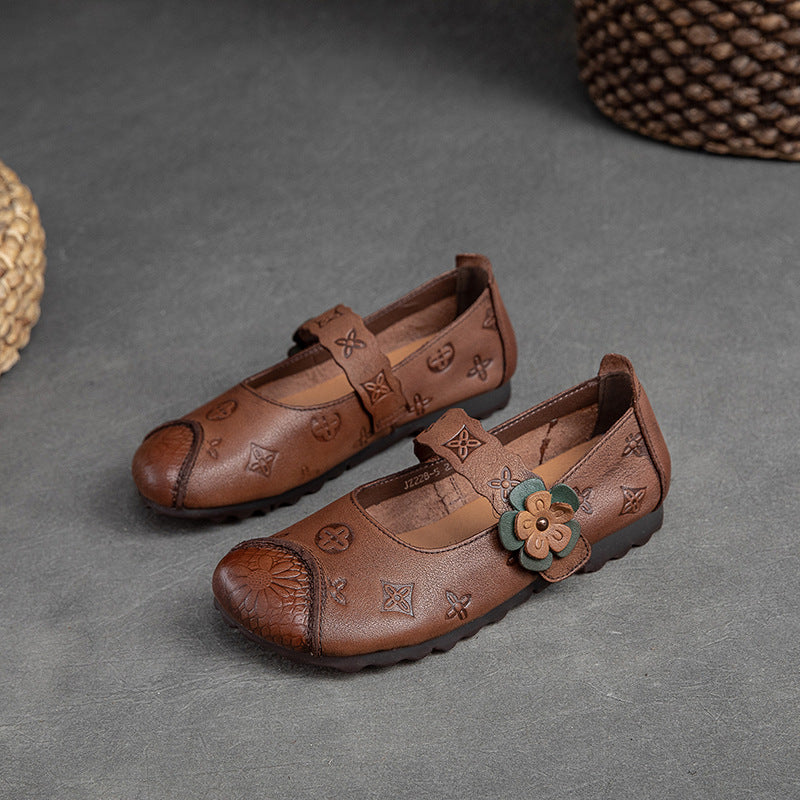 Women Summer Retro Flower Leather Flats Shoes-RAIIFY