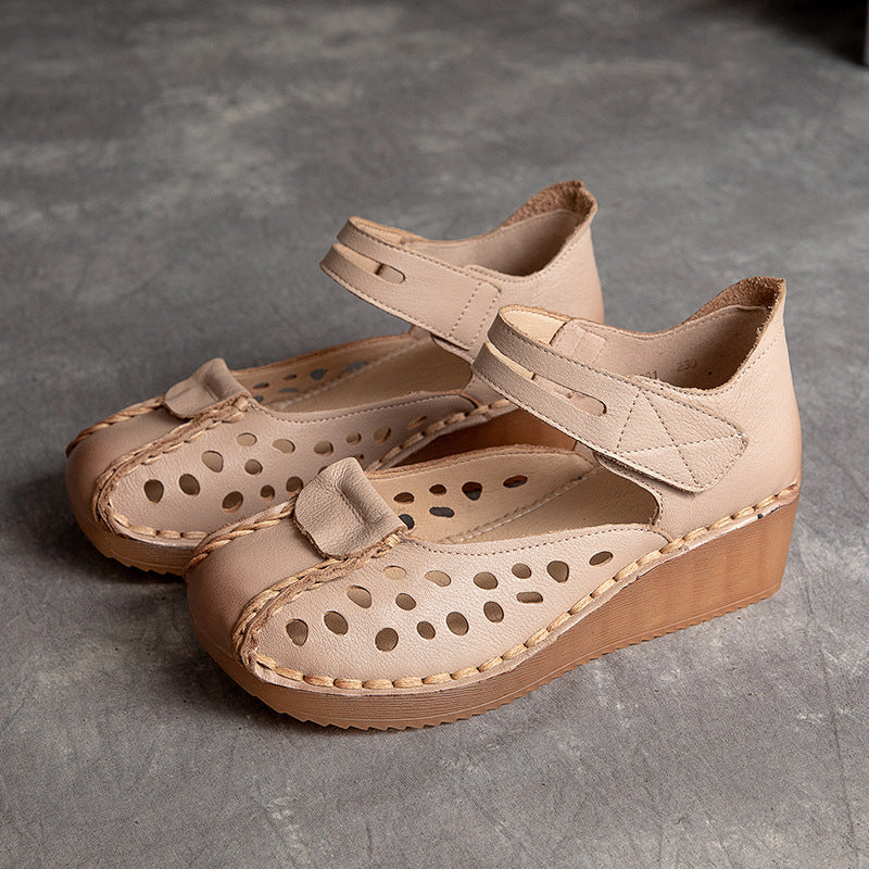 Women Summer Hollow Leather Wedge Casual Sandals-RAIIFY