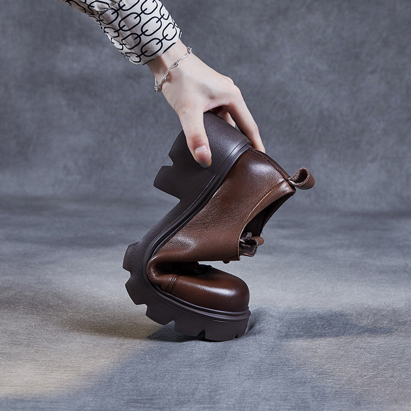 Women Retro Minimalist Leather Chunky Heel Casual Shoes-RAIIFY