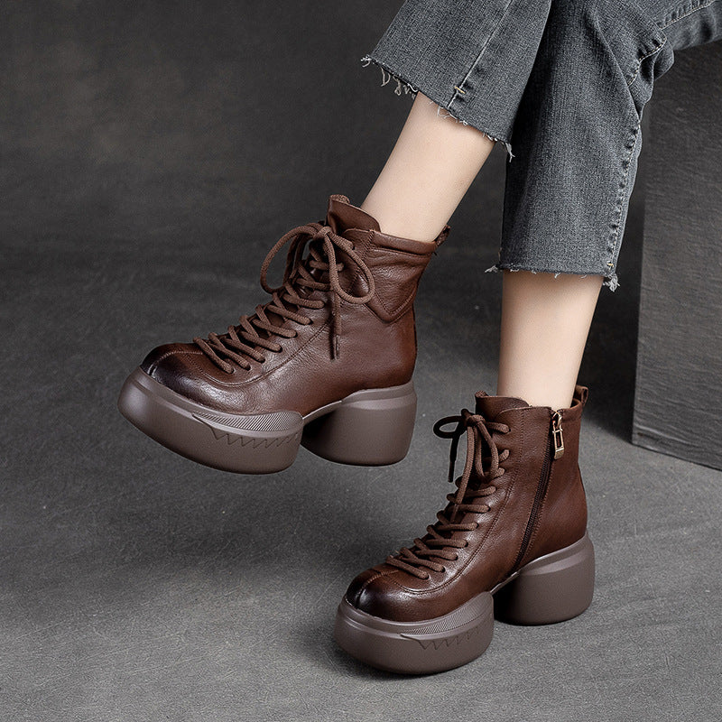 Women Retro Leather Casual Chunky Heel Boots-RAIIFY