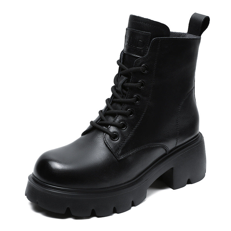 Women Minimalist Leather Furred Chunky Platform Boots-RAIIFY