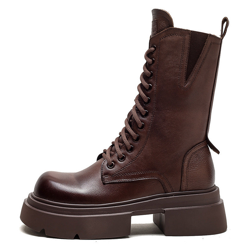 Women Retro Leather Chunky Platform Mid Calf Boots-RAIIFY