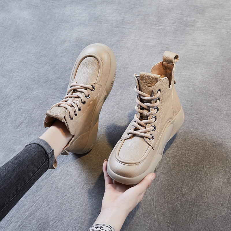 Women Retro Solid Leather Thick Soled Ankle Boots-RAIIFY