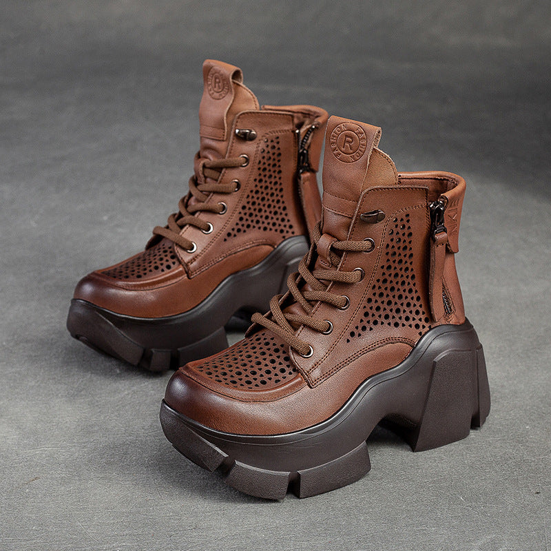 Women Summer Hollow Leather Chunky Platform Boots-RAIIFY