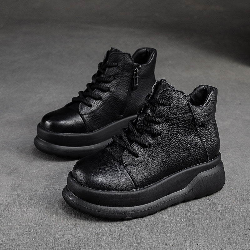 Women Retro Leather Furred Warm Platform Ankle Boots-RAIIFY