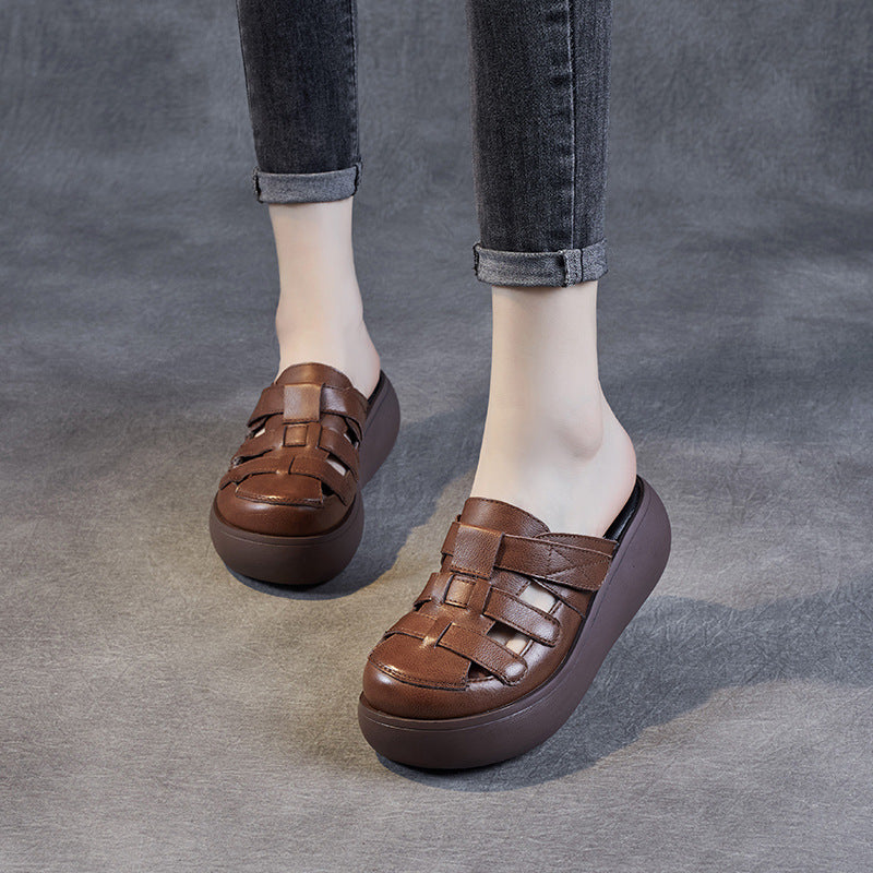 Women Retro Hollow Plaited Leather Wedge Slides-RAIIFY