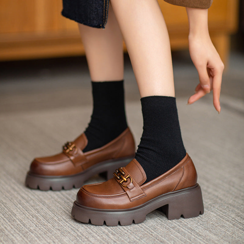 Women Retro Chain Leather Chunky Platform Loafers-RAIIFY