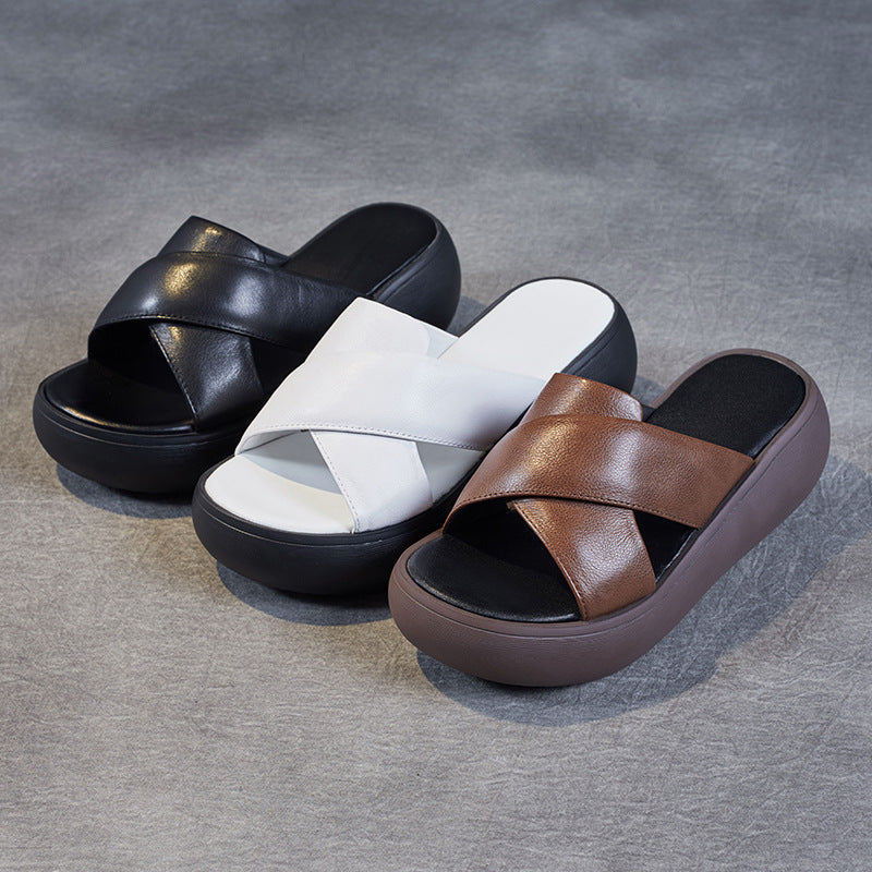 Women Leather Summer Casual Platform Slide Sandals-RAIIFY