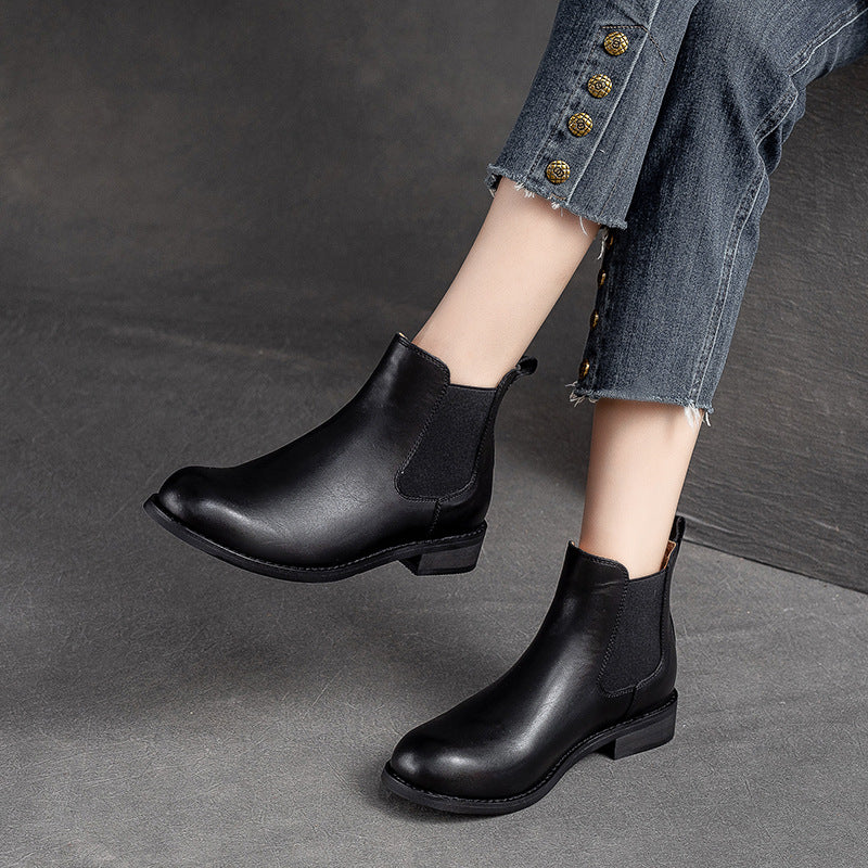 Women Retro Minimalist Leather Flat Ankle Boots-RAIIFY