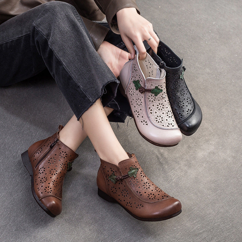 Women Retro Minimalist Hollow Leather Flat Ankle Boots-RAIIFY